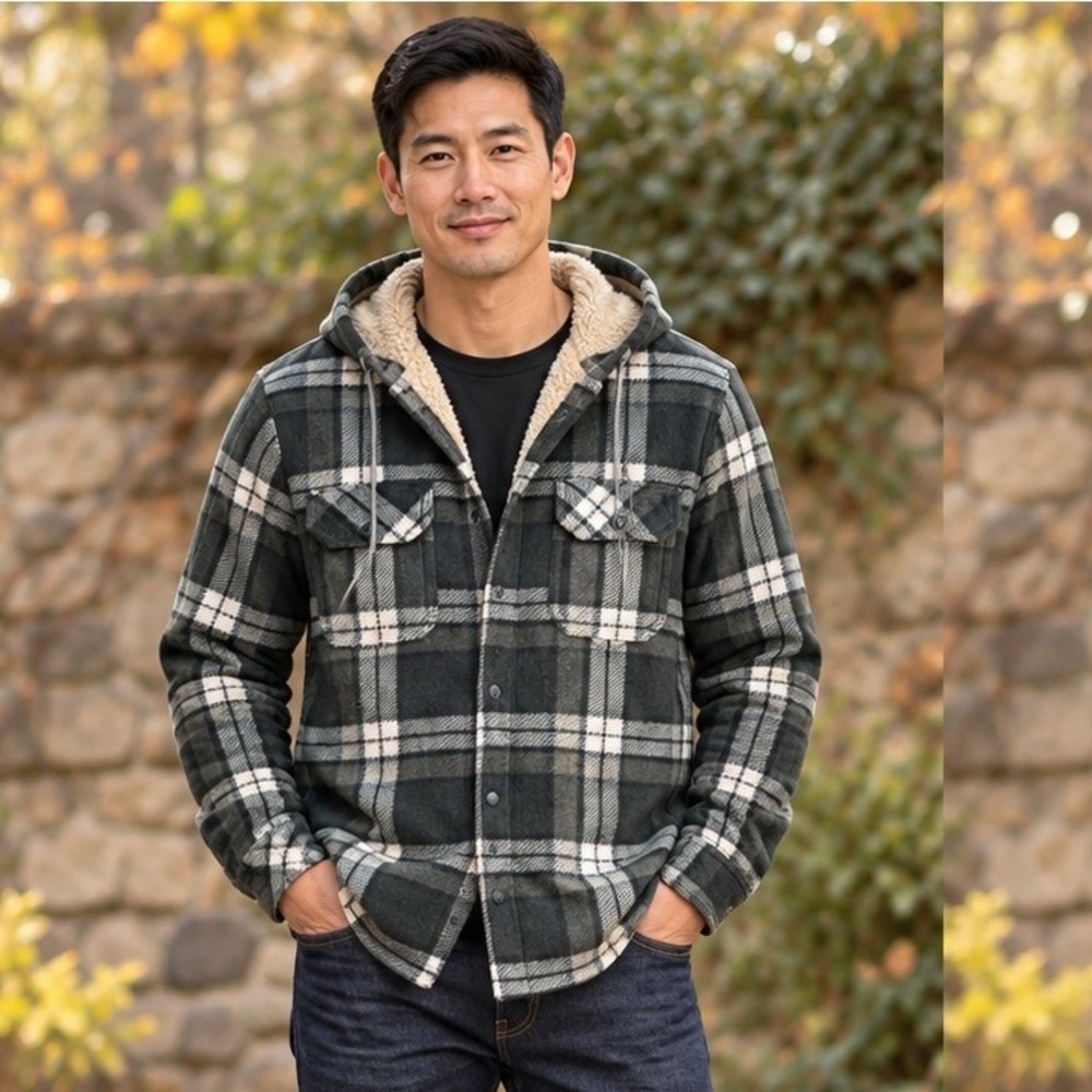 Aeropostale Mens Beetle Green Plaid Sherpa Lined Hooded Flannel Jacket NWT